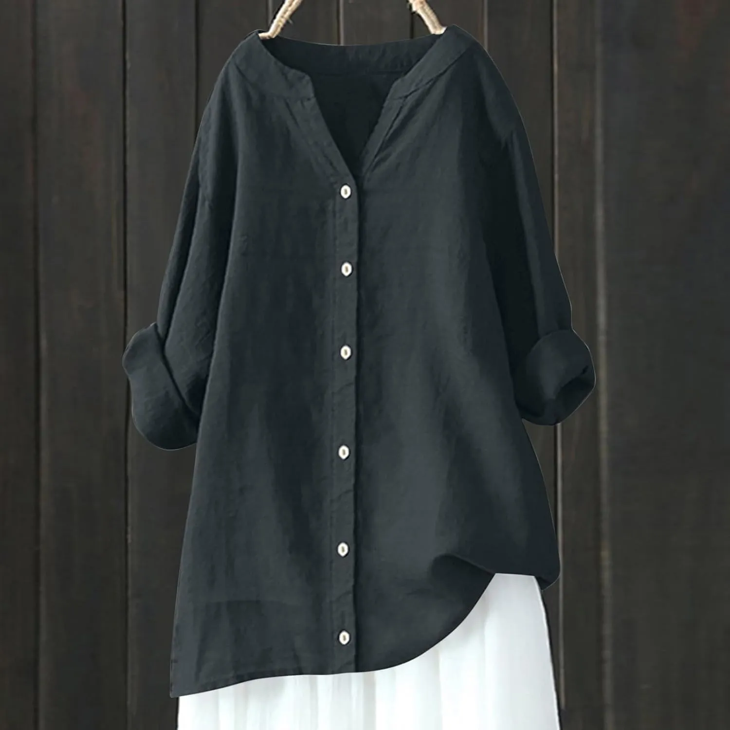 Womens Cotton Linen Tunic Tops Boho Peasant Summer Tops Long Sleeve Button Down Shirts Blouse Dressy Casual Clothing