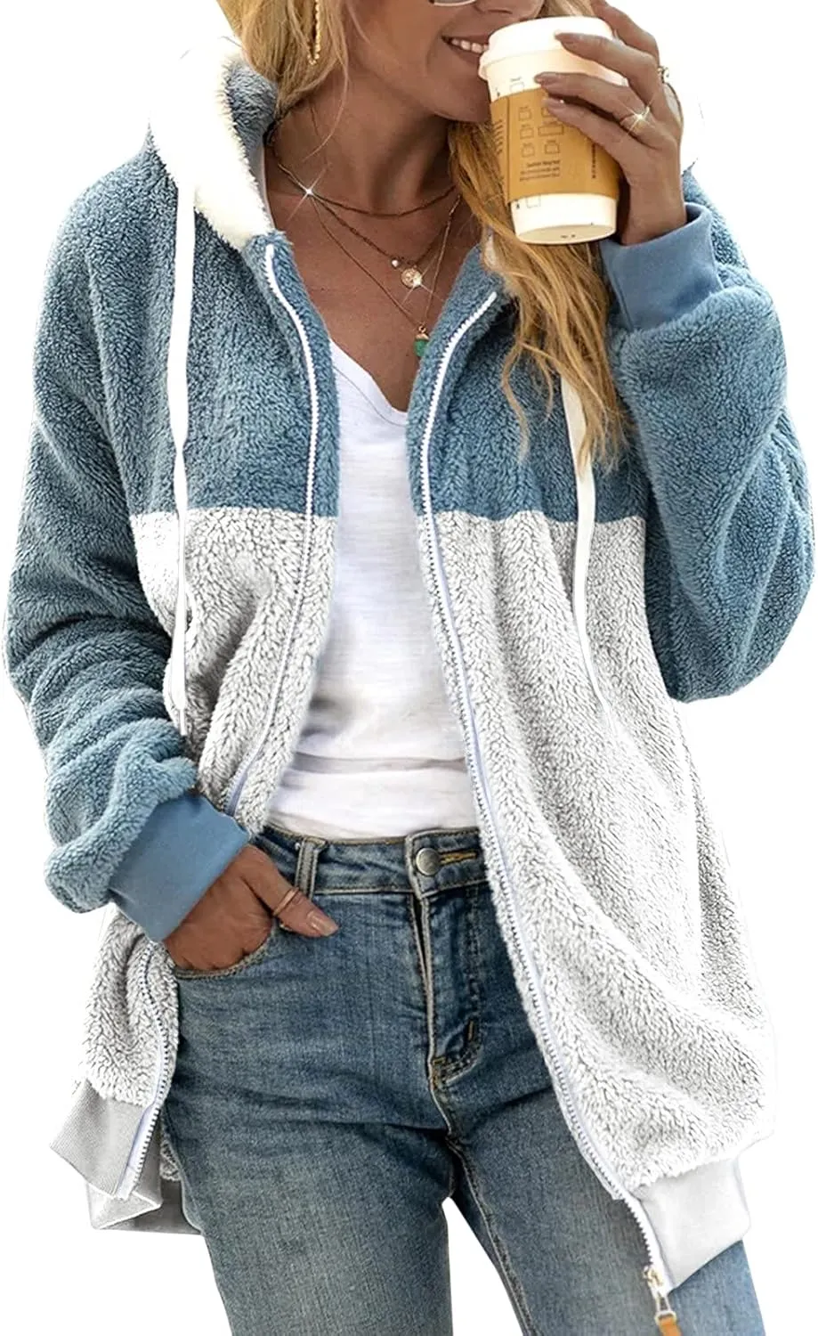 Womens Cute Bear Ear Sherpa Fleece Lined Hoodie Jackets Zip Up Sherpa Lined Warm Oversized Fluffy Coat Plush Flannel