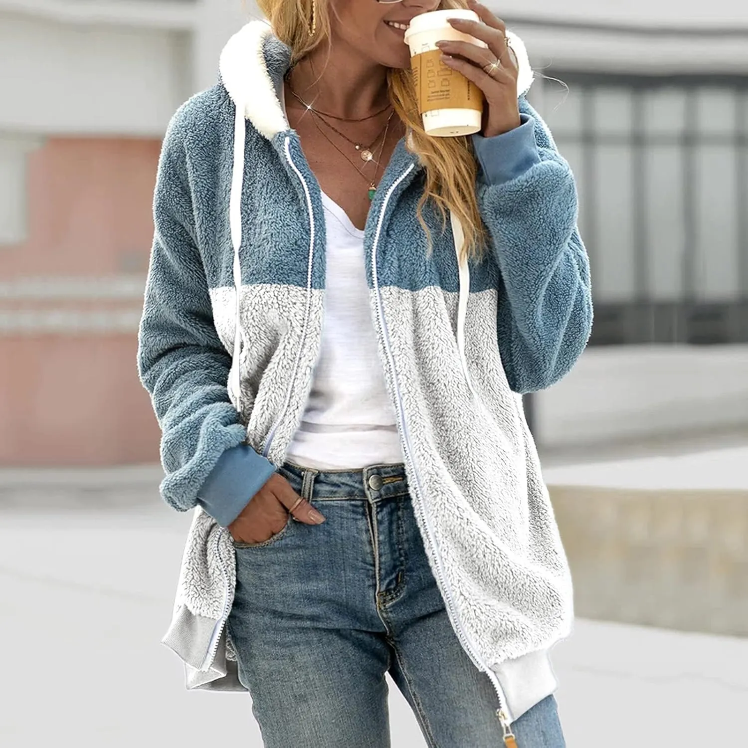 Womens Cute Bear Ear Sherpa Fleece Lined Hoodie Jackets Zip Up Sherpa Lined Warm Oversized Fluffy Coat Plush Flannel