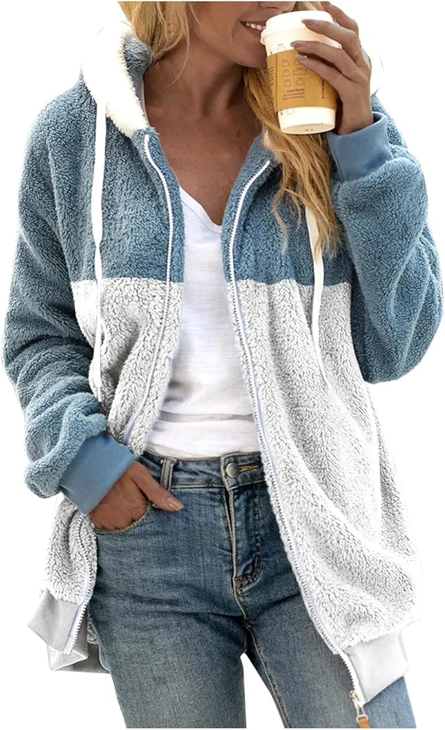Womens Cute Bear Ear Sherpa Fleece Lined Hoodie Jackets Zip Up Sherpa Lined Warm Oversized Fluffy Coat Plush Flannel