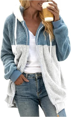 Womens Cute Bear Ear Sherpa Fleece Lined Hoodie Jackets Zip Up Sherpa Lined Warm Oversized Fluffy Coat Plush Flannel