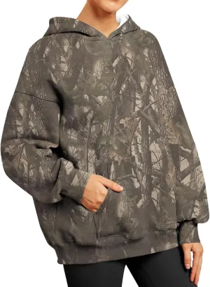 Women's Fall Outfits Camo Hoodie Maple-Leaf Print Vintage Sweatshirt Fleece Hooded Sweatshirt with Pockets