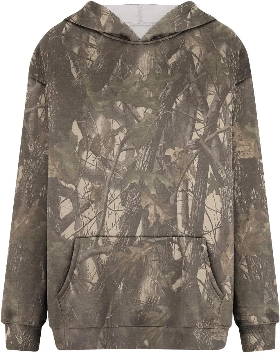 Women's Fall Outfits Camo Hoodie Maple-Leaf Print Vintage Sweatshirt Fleece Hooded Sweatshirt with Pockets