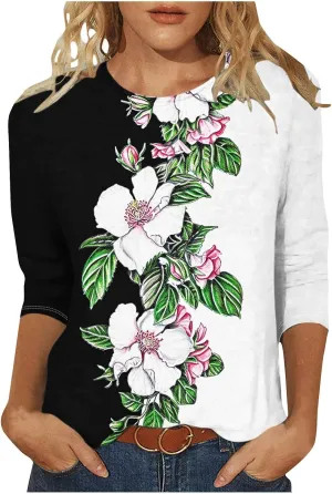 Women's Floral Tops Casual Loose 3/4 Sleeve Tshirts 2024 Summer Round Neck Dressy Blouse for Business Work Streetwear
