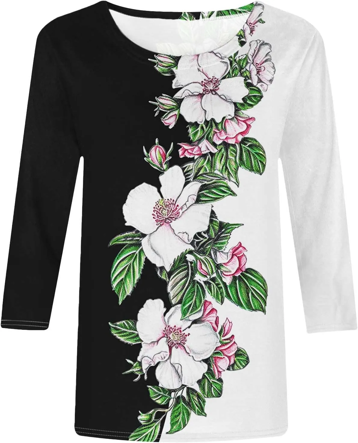 Women's Floral Tops Casual Loose 3/4 Sleeve Tshirts 2024 Summer Round Neck Dressy Blouse for Business Work Streetwear