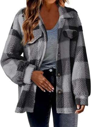 Womens Fuzzy Fleece Plaid Shacket Jacket Buffalo Plaid Flannel Sherpa Puffer Coat Button Down Sherpa Shacket