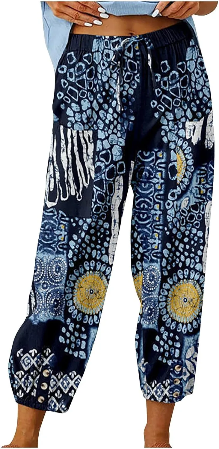 Women's High Waist Capri Pants Wide Leg Summer Beach Boho Cropped Pant Printing Drawstring Elastic Waist Casual Pant