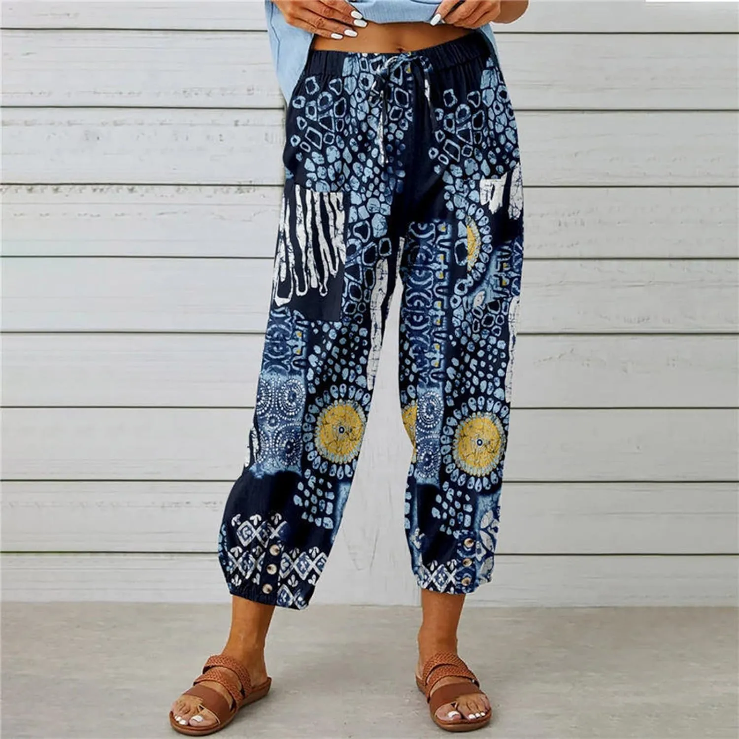 Women's High Waist Capri Pants Wide Leg Summer Beach Boho Cropped Pant Printing Drawstring Elastic Waist Casual Pant