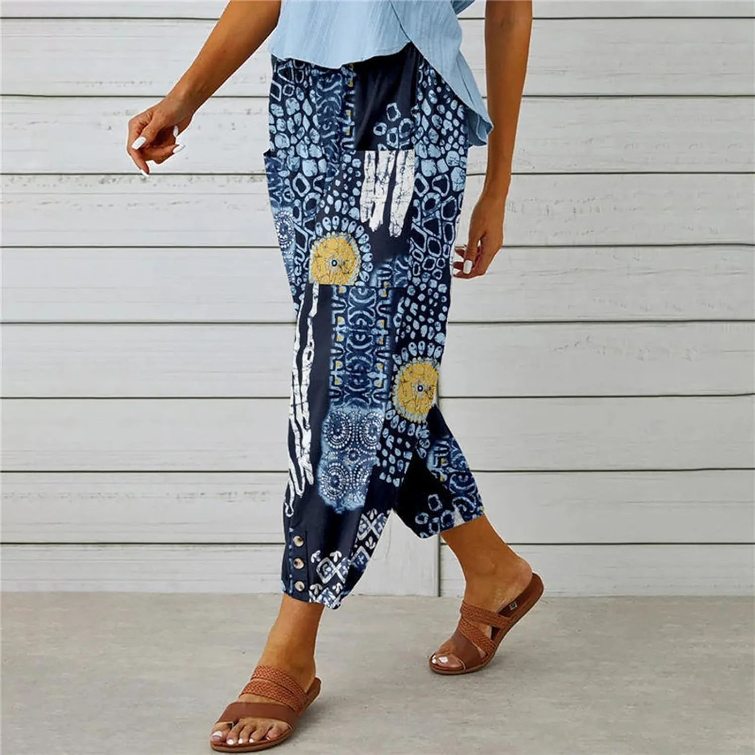 Women's High Waist Capri Pants Wide Leg Summer Beach Boho Cropped Pant Printing Drawstring Elastic Waist Casual Pant