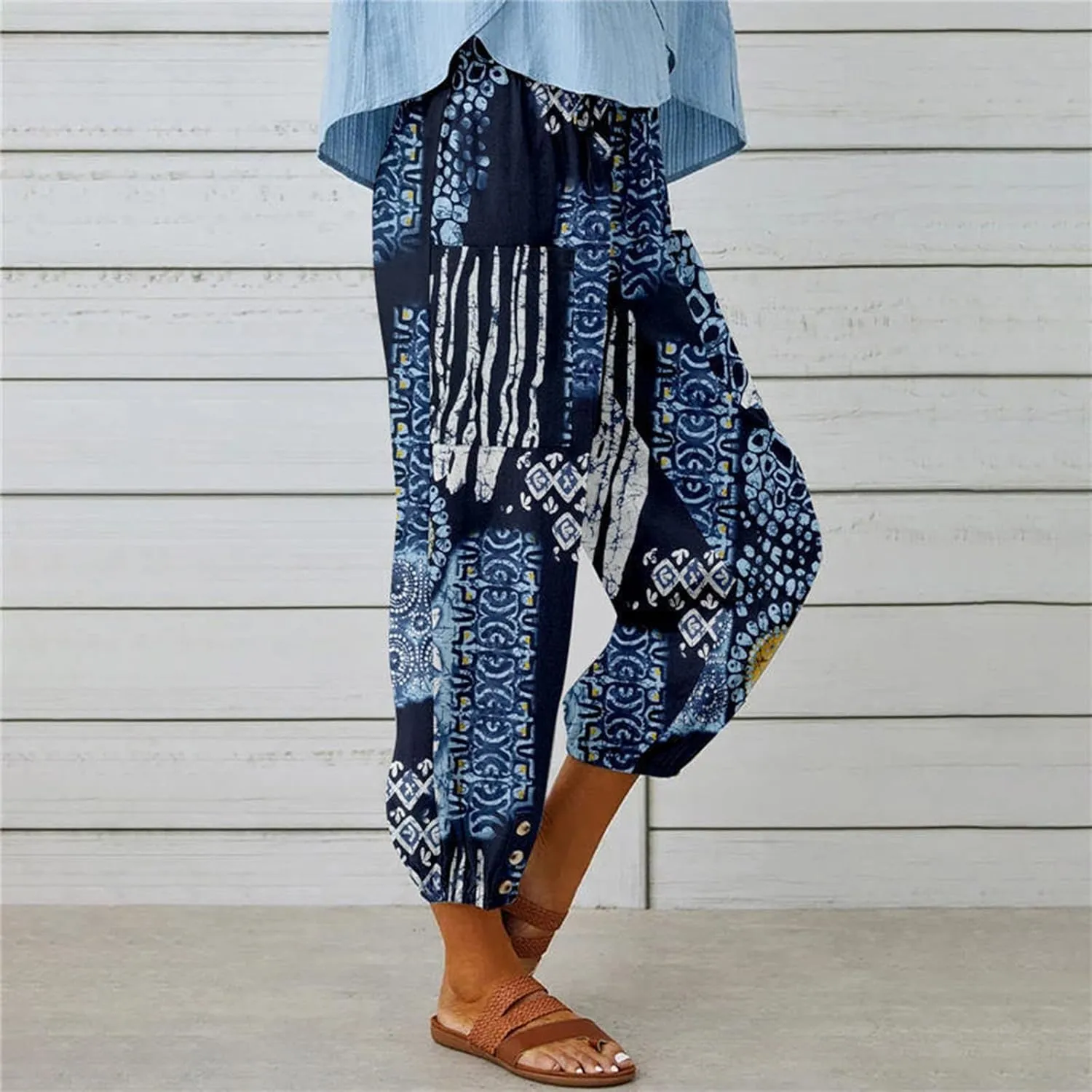 Women's High Waist Capri Pants Wide Leg Summer Beach Boho Cropped Pant Printing Drawstring Elastic Waist Casual Pant