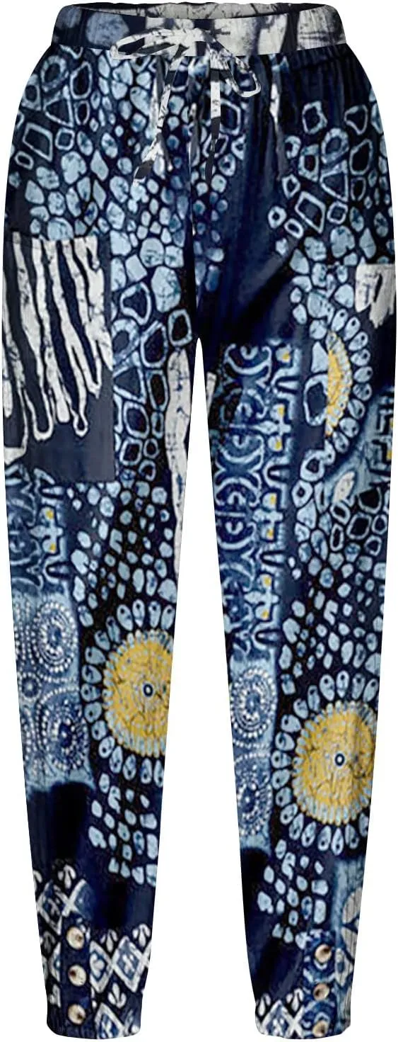 Women's High Waist Capri Pants Wide Leg Summer Beach Boho Cropped Pant Printing Drawstring Elastic Waist Casual Pant