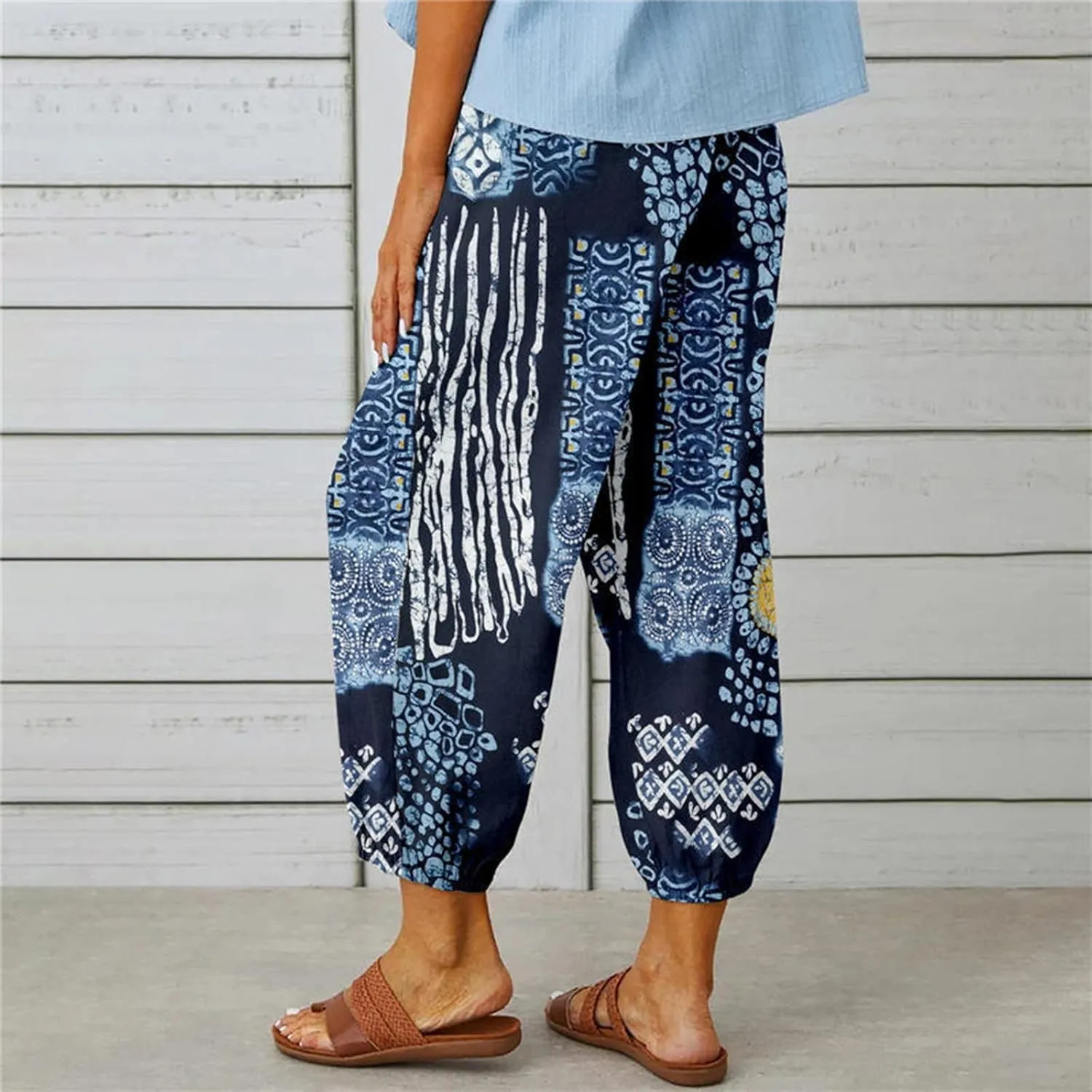 Women's High Waist Capri Pants Wide Leg Summer Beach Boho Cropped Pant Printing Drawstring Elastic Waist Casual Pant