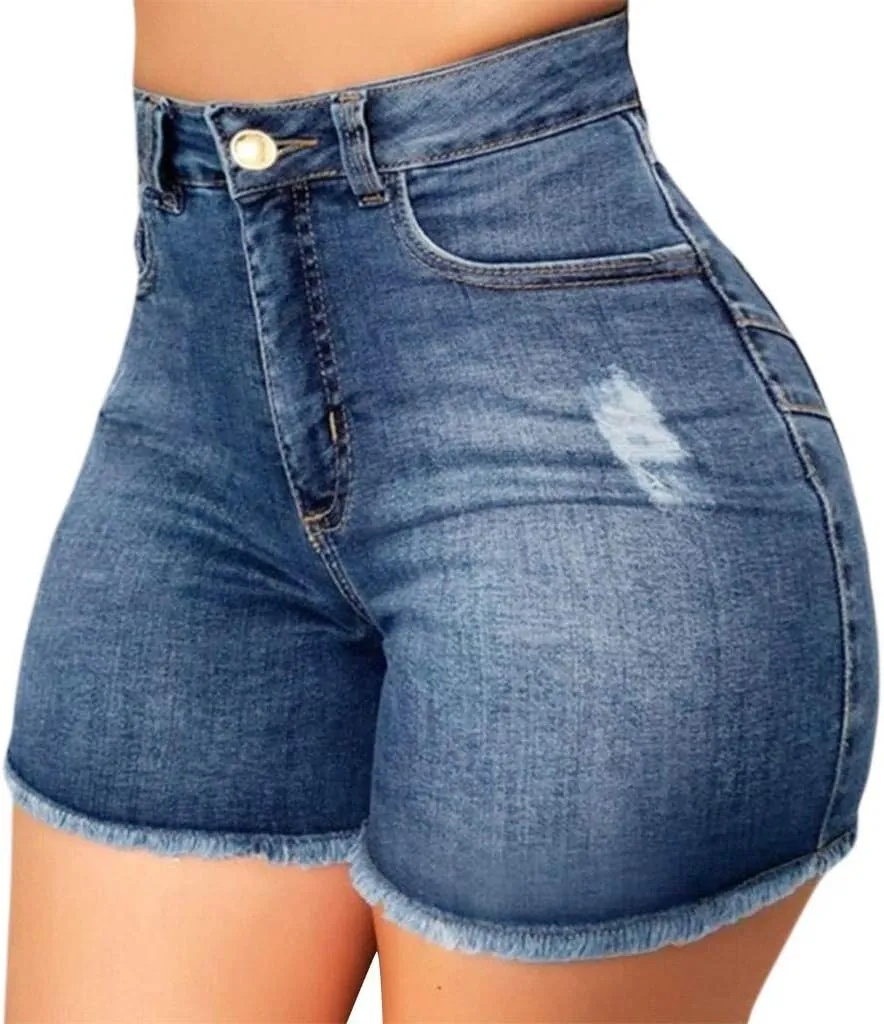 Womens Jean Shorts High Waisted Ripped Denim Jeans Fringed Hole Stretchy Summer Hot Short Pants Frayed Raw Hem Trendy