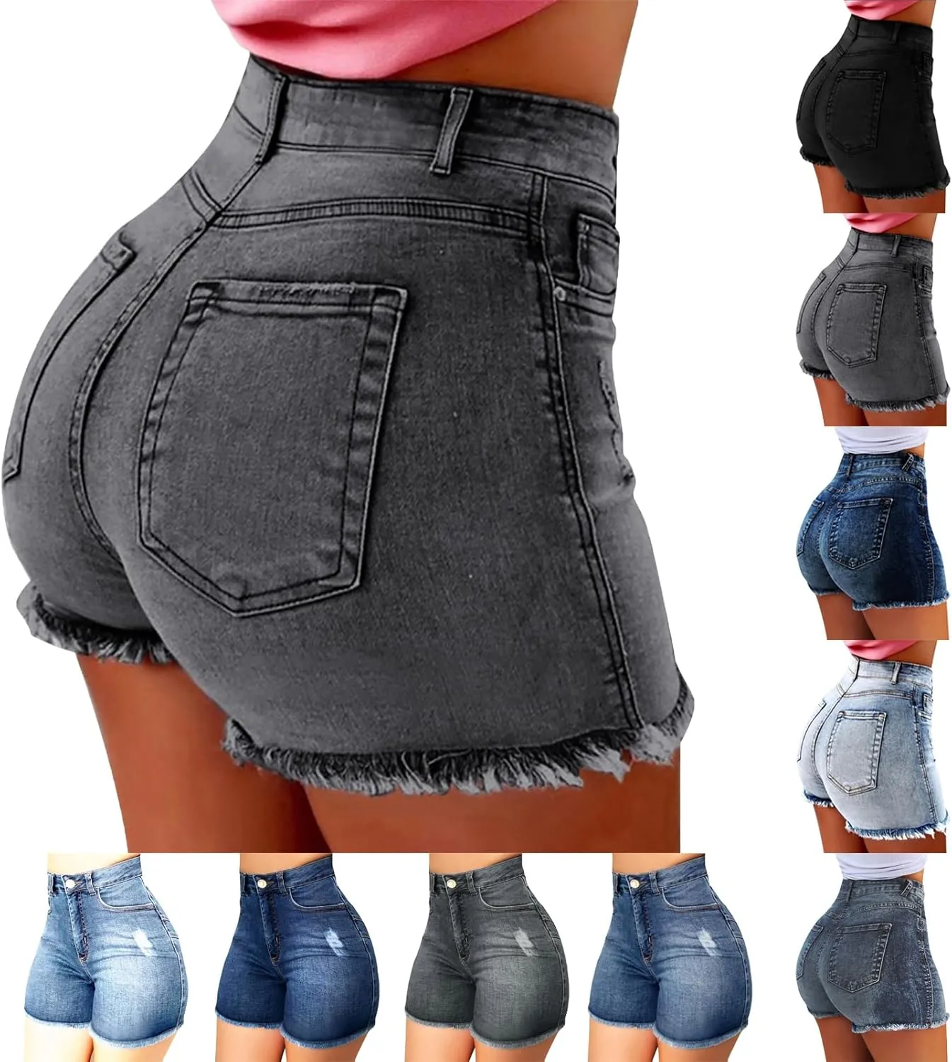 Womens Jean Shorts High Waisted Ripped Denim Jeans Fringed Hole Stretchy Summer Hot Short Pants Frayed Raw Hem Trendy