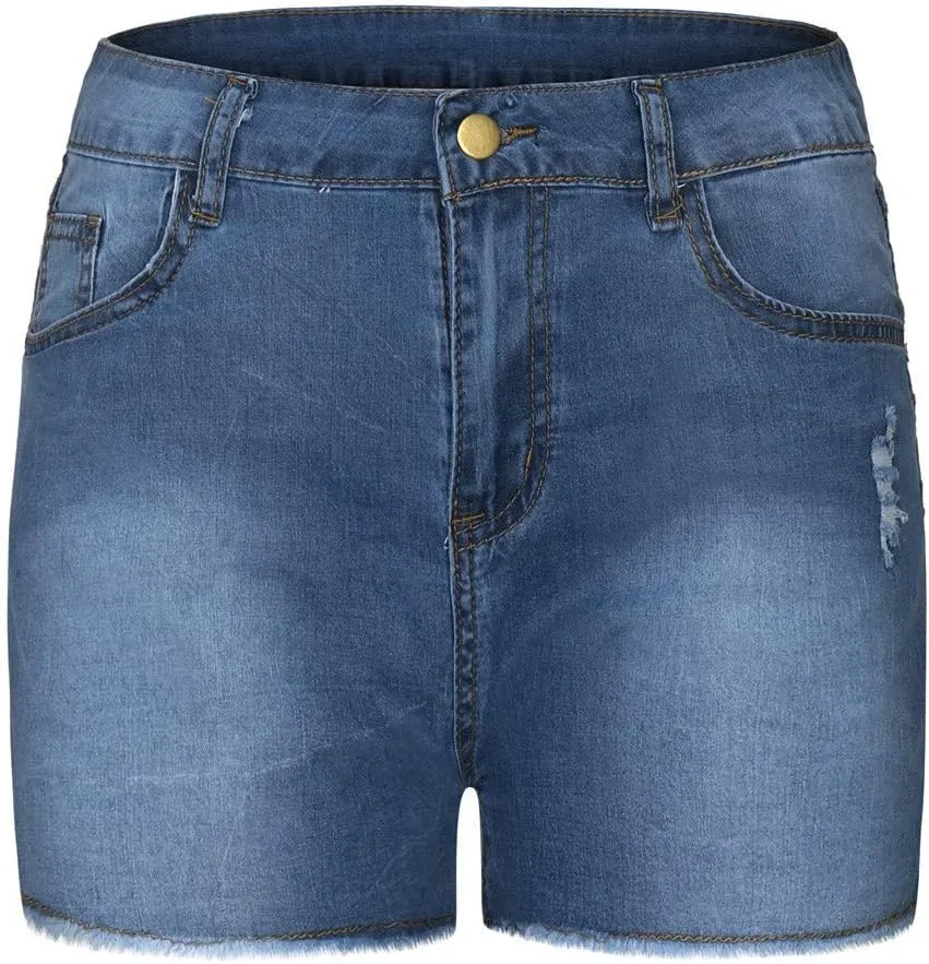 Womens Jean Shorts High Waisted Ripped Denim Jeans Fringed Hole Stretchy Summer Hot Short Pants Frayed Raw Hem Trendy