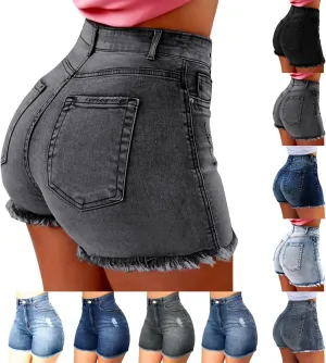 Womens Jean Shorts High Waisted Ripped Denim Jeans Fringed Hole Stretchy Summer Hot Short Pants Frayed Raw Hem Trendy