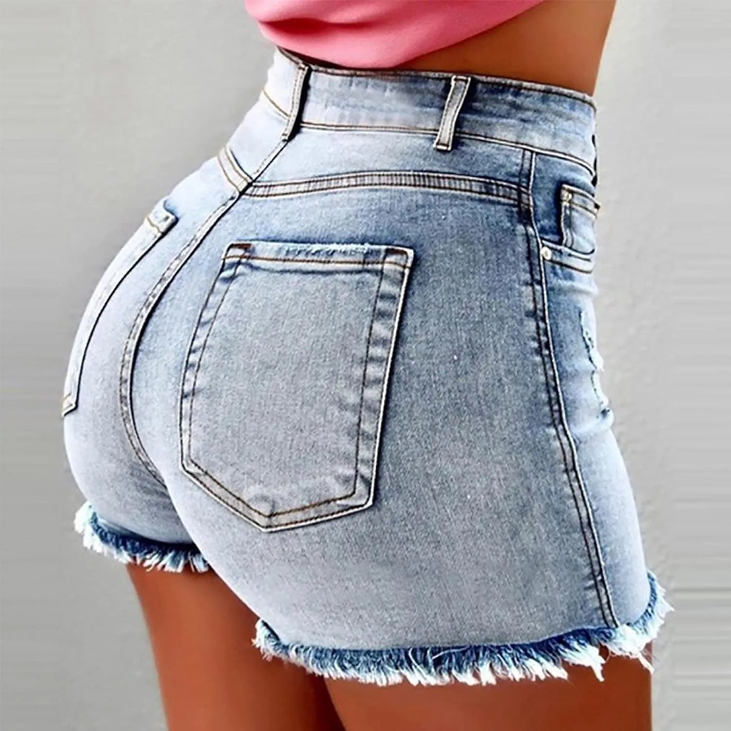 Womens Jean Shorts High Waisted Ripped Denim Jeans Fringed Hole Stretchy Summer Hot Short Pants Frayed Raw Hem Trendy