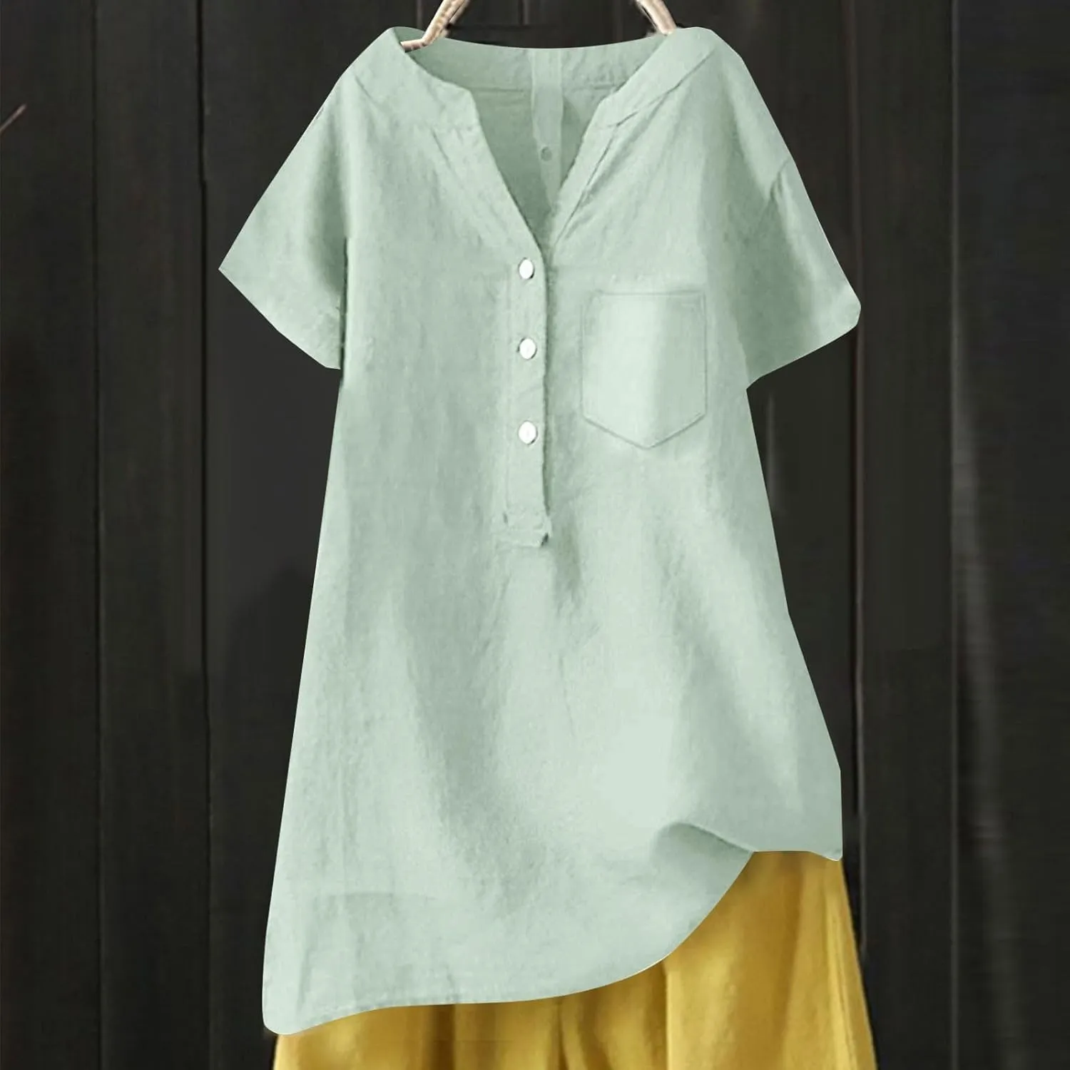 Women's Linen Button Down Shirts Short Sleeve V Neck Tshirts Light Weight Plain Blouses Casual Loose Fit Tunic Tops