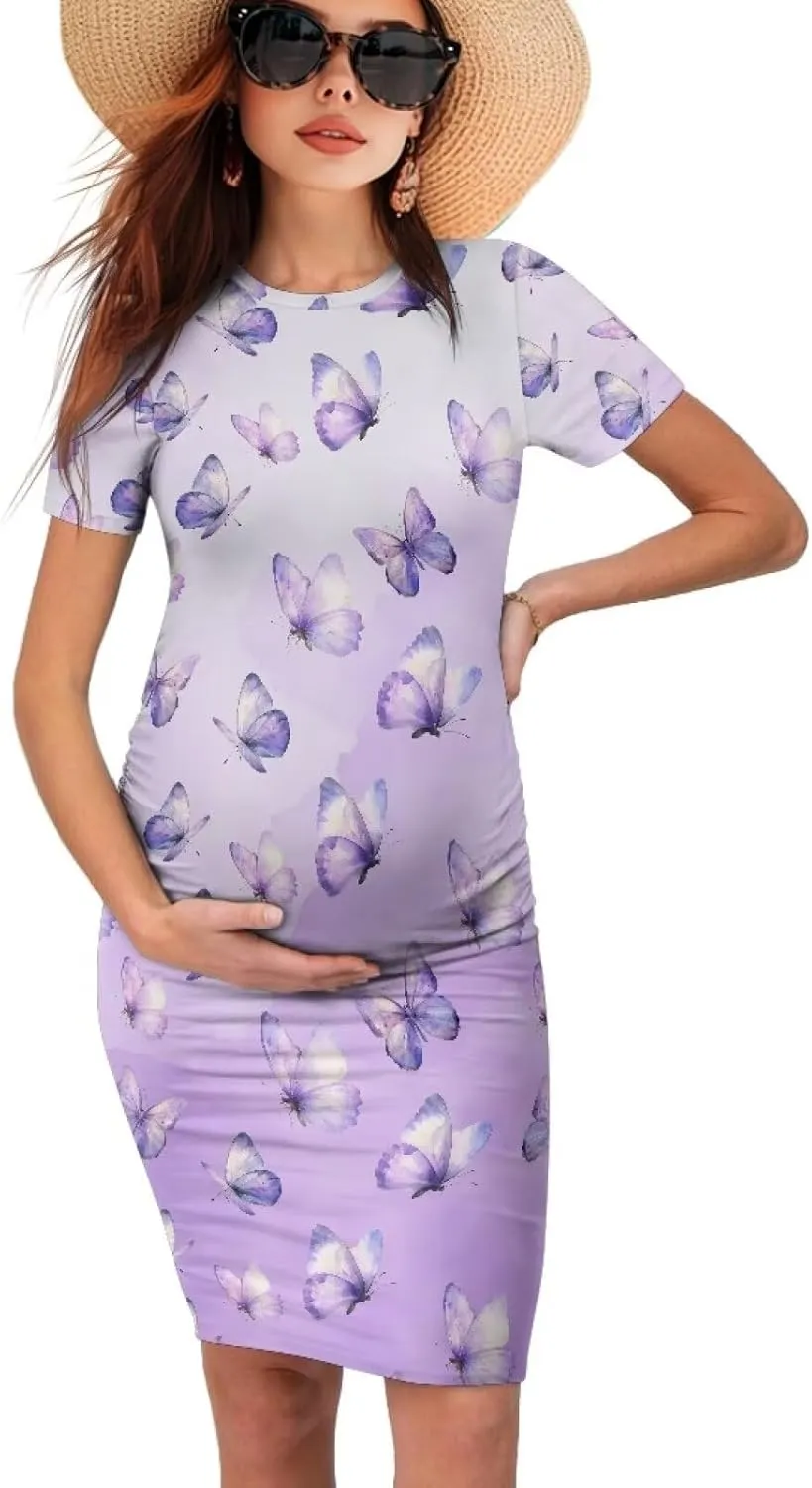 Womens Maternity Short Sleeve Pregnant Clothes Crew Neck Ruched Fashion 2025 Summer Pregnancy Dress S-2XL