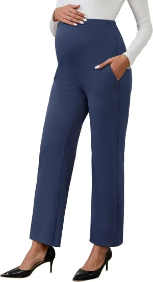 Womens Maternity Work Pants Over The Belly Straight Leg High Waisted Pregnancy Bottom Office Trousers