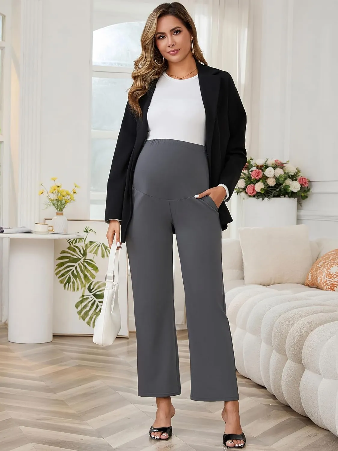 Womens Maternity Work Pants Over The Belly Straight Leg High Waisted Pregnancy Bottom Office Trousers