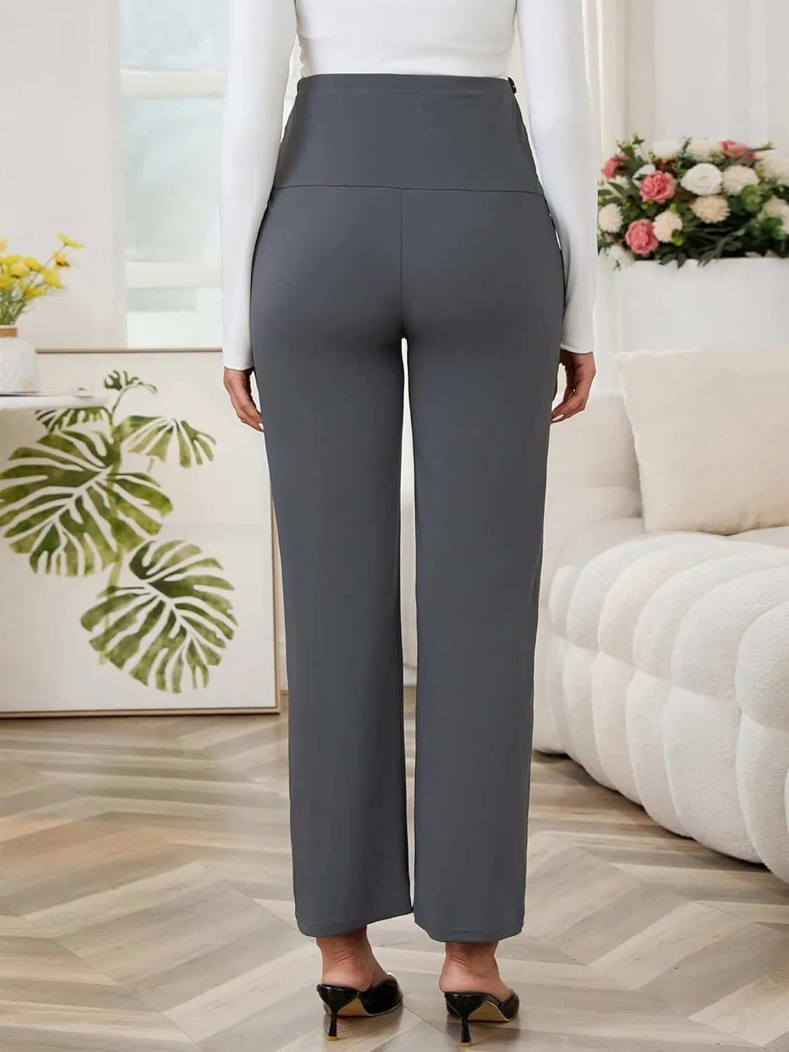 Womens Maternity Work Pants Over The Belly Straight Leg High Waisted Pregnancy Bottom Office Trousers