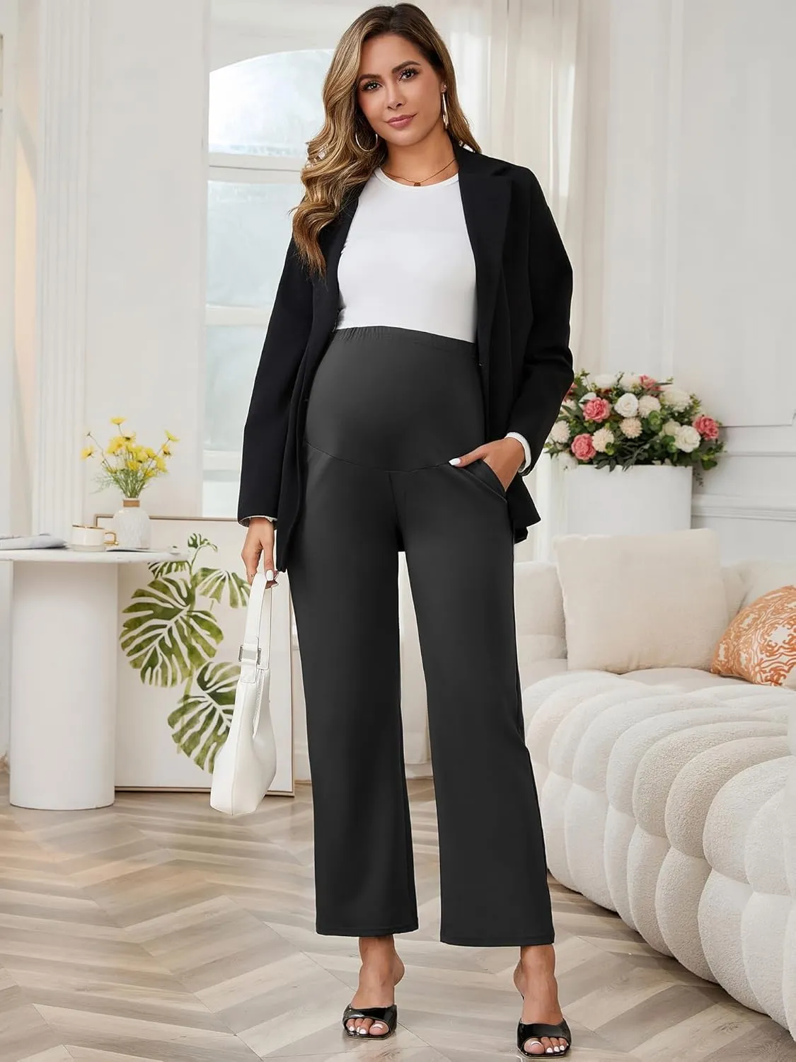 Womens Maternity Work Pants Over The Belly Straight Leg High Waisted Pregnancy Bottom Office Trousers