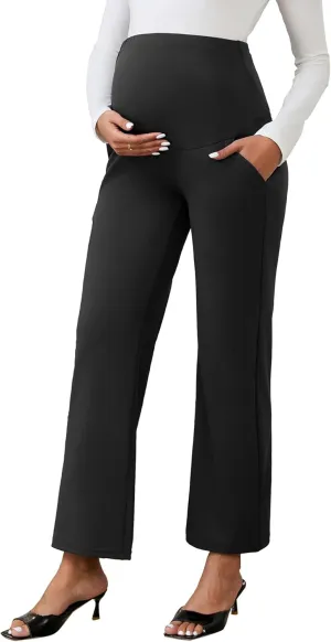 Womens Maternity Work Pants Over The Belly Straight Leg High Waisted Pregnancy Bottom Office Trousers