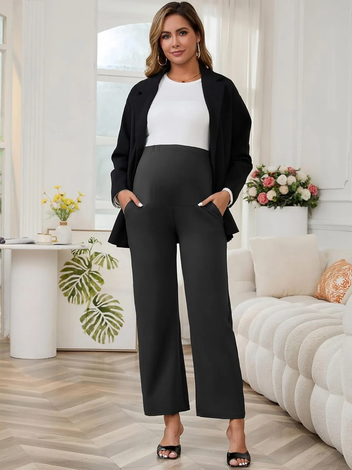 Womens Maternity Work Pants Over The Belly Straight Leg High Waisted Pregnancy Bottom Office Trousers