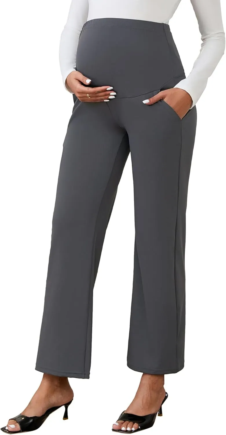 Womens Maternity Work Pants Over The Belly Straight Leg High Waisted Pregnancy Bottom Office Trousers