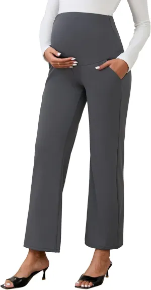 Womens Maternity Work Pants Over The Belly Straight Leg High Waisted Pregnancy Bottom Office Trousers