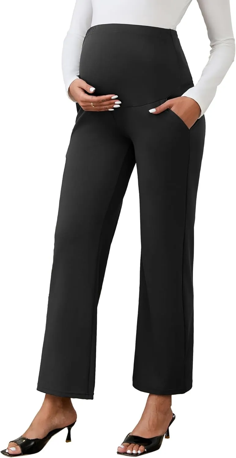 Womens Maternity Work Pants Over The Belly Straight Leg High Waisted Pregnancy Bottom Office Trousers