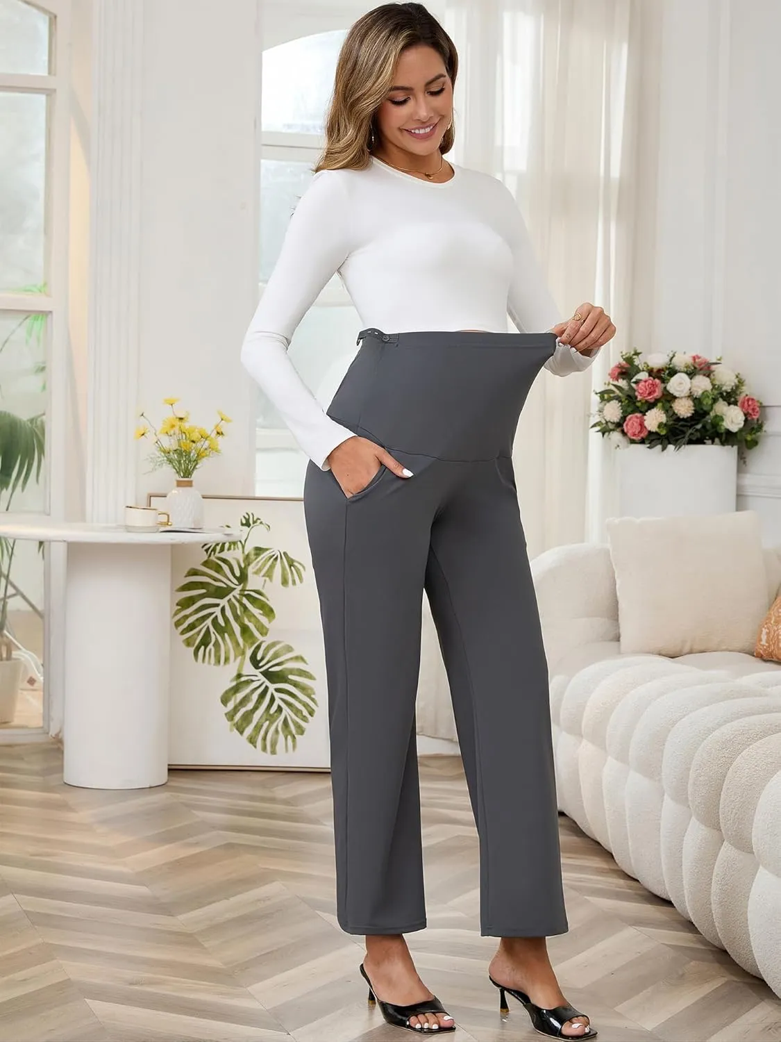 Womens Maternity Work Pants Over The Belly Straight Leg High Waisted Pregnancy Bottom Office Trousers