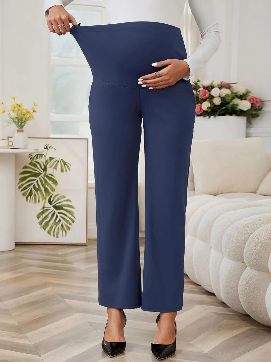 Womens Maternity Work Pants Over The Belly Straight Leg High Waisted Pregnancy Bottom Office Trousers