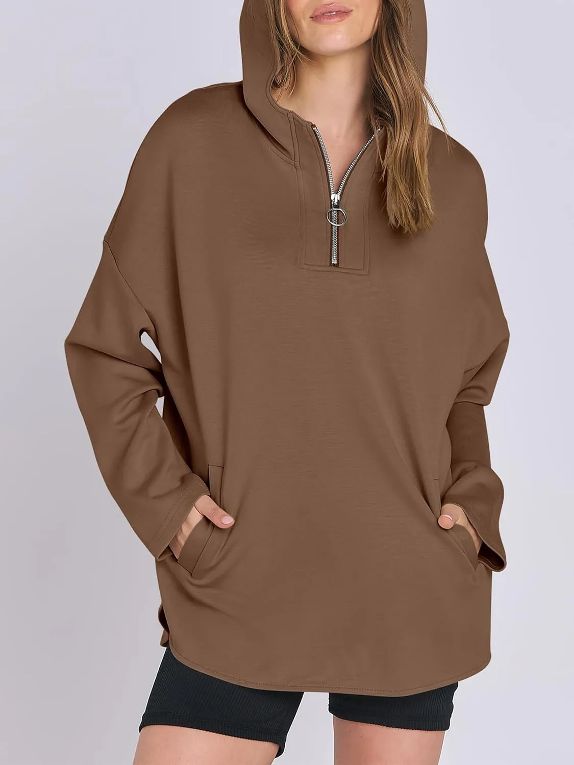 Womens Oversized Hoodie Quarter Zip Sweatshirts 2024 Fall Tunic Pullover Top Trendy Teen Girls Preppy Clothes