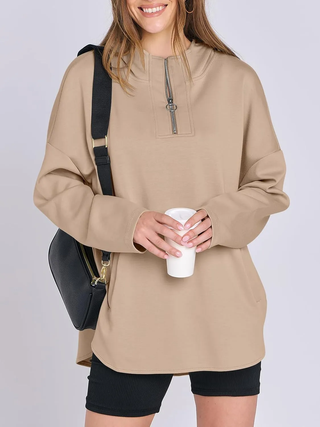 Womens Oversized Hoodie Quarter Zip Sweatshirts 2024 Fall Tunic Pullover Top Trendy Teen Girls Preppy Clothes