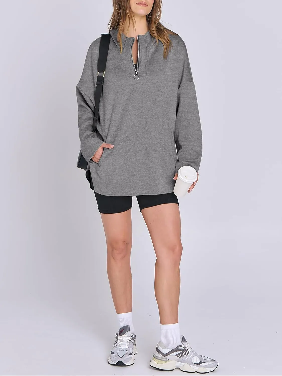 Womens Oversized Hoodie Quarter Zip Sweatshirts 2024 Fall Tunic Pullover Top Trendy Teen Girls Preppy Clothes