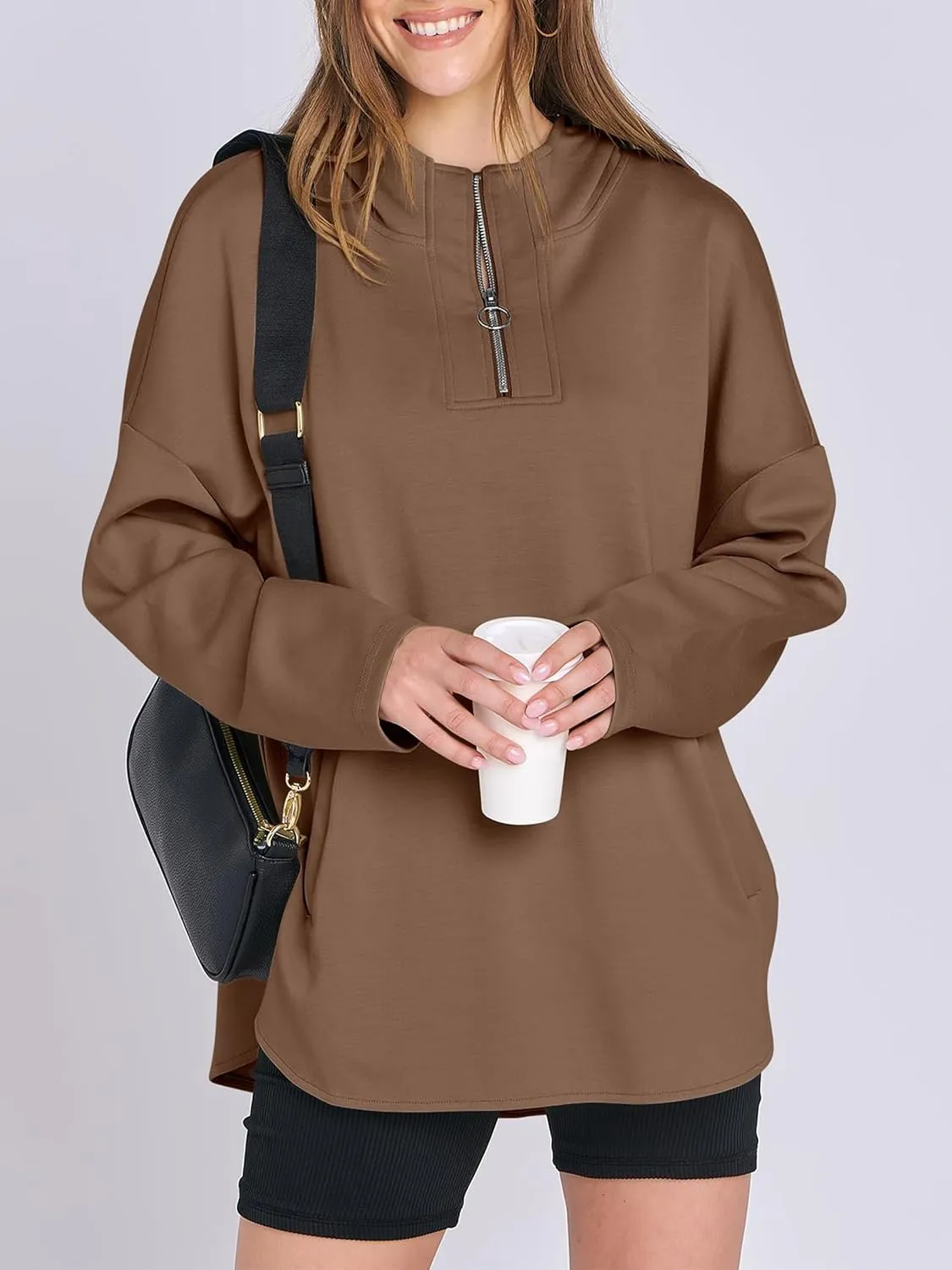 Womens Oversized Hoodie Quarter Zip Sweatshirts 2024 Fall Tunic Pullover Top Trendy Teen Girls Preppy Clothes