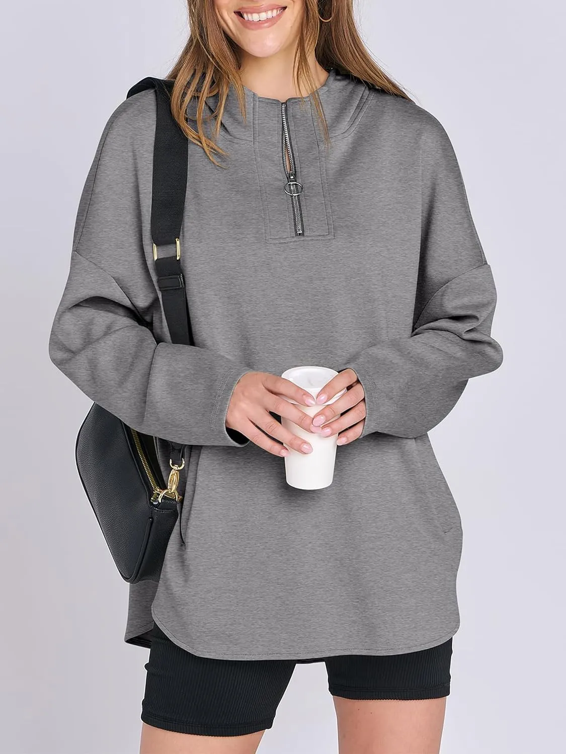 Womens Oversized Hoodie Quarter Zip Sweatshirts 2024 Fall Tunic Pullover Top Trendy Teen Girls Preppy Clothes