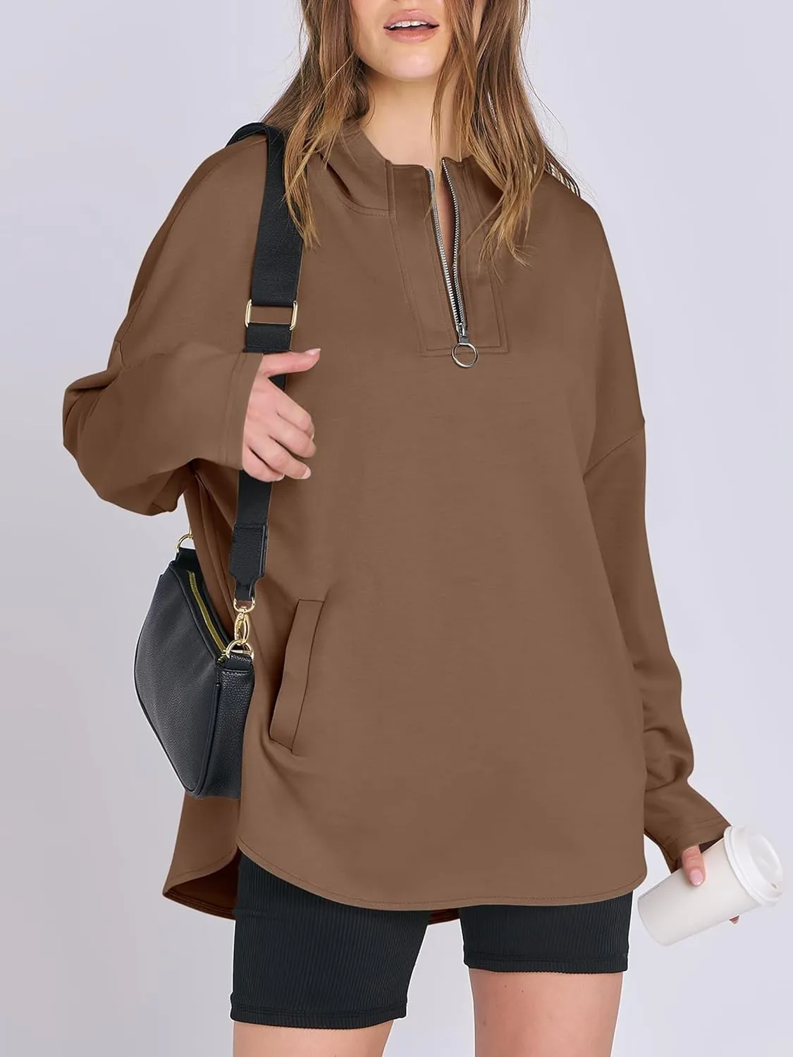 Womens Oversized Hoodie Quarter Zip Sweatshirts 2024 Fall Tunic Pullover Top Trendy Teen Girls Preppy Clothes