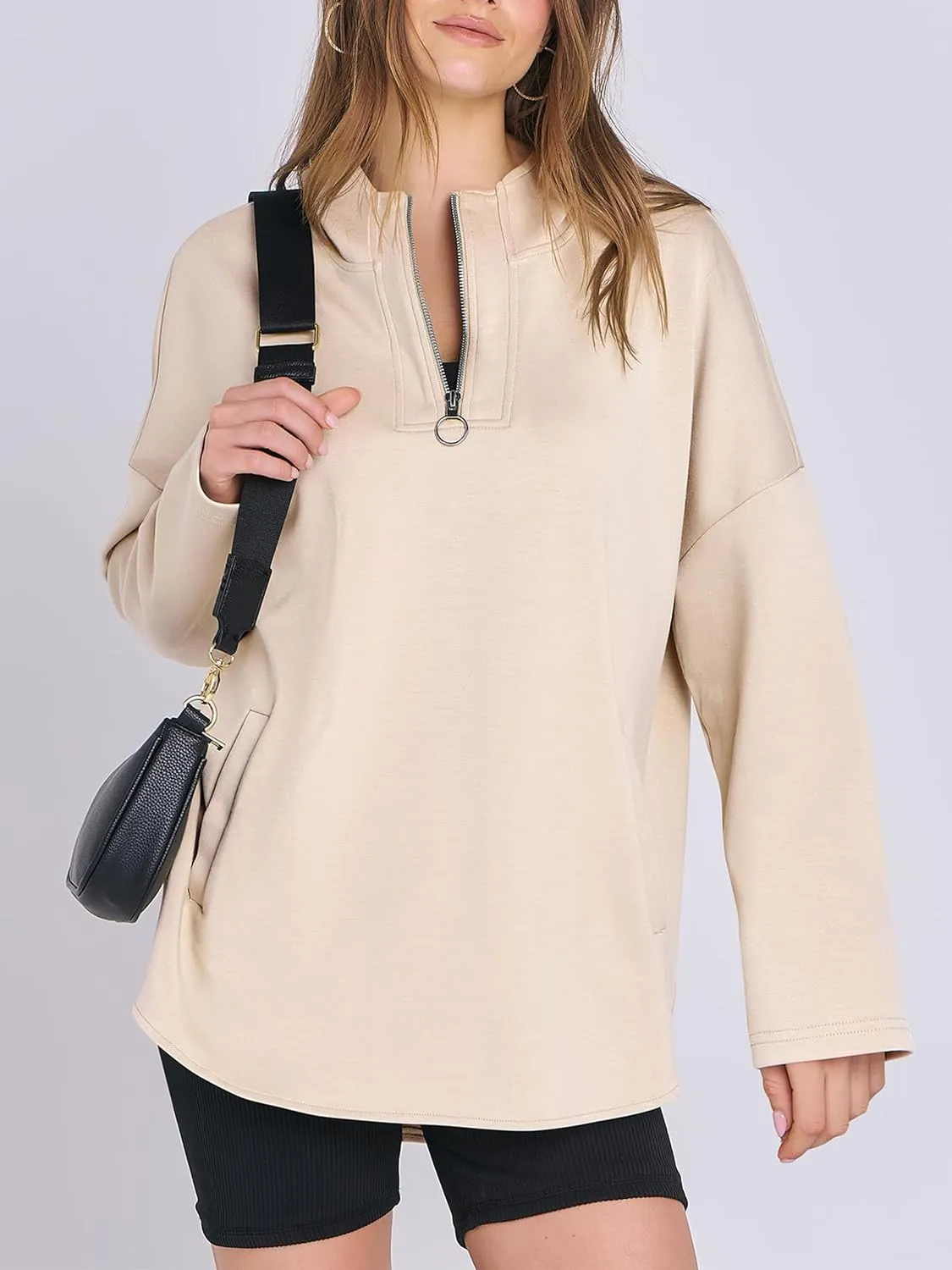 Womens Oversized Hoodie Quarter Zip Sweatshirts 2024 Fall Tunic Pullover Top Trendy Teen Girls Preppy Clothes