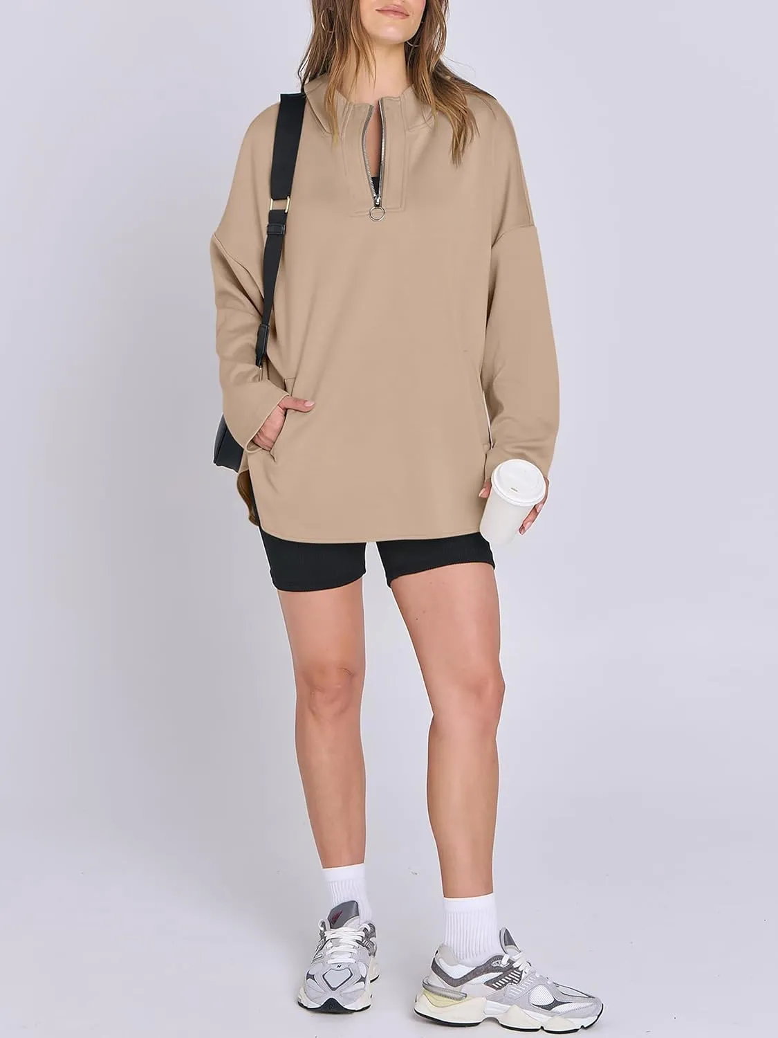 Womens Oversized Hoodie Quarter Zip Sweatshirts 2024 Fall Tunic Pullover Top Trendy Teen Girls Preppy Clothes