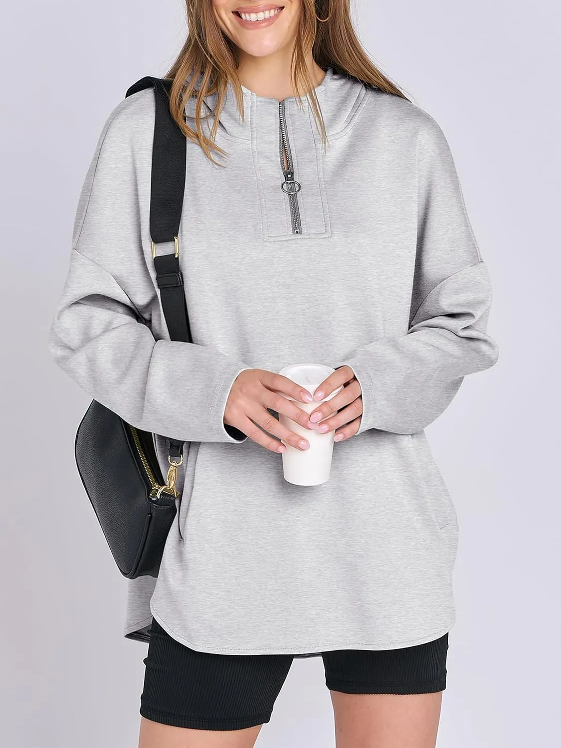 Womens Oversized Hoodie Quarter Zip Sweatshirts 2024 Fall Tunic Pullover Top Trendy Teen Girls Preppy Clothes