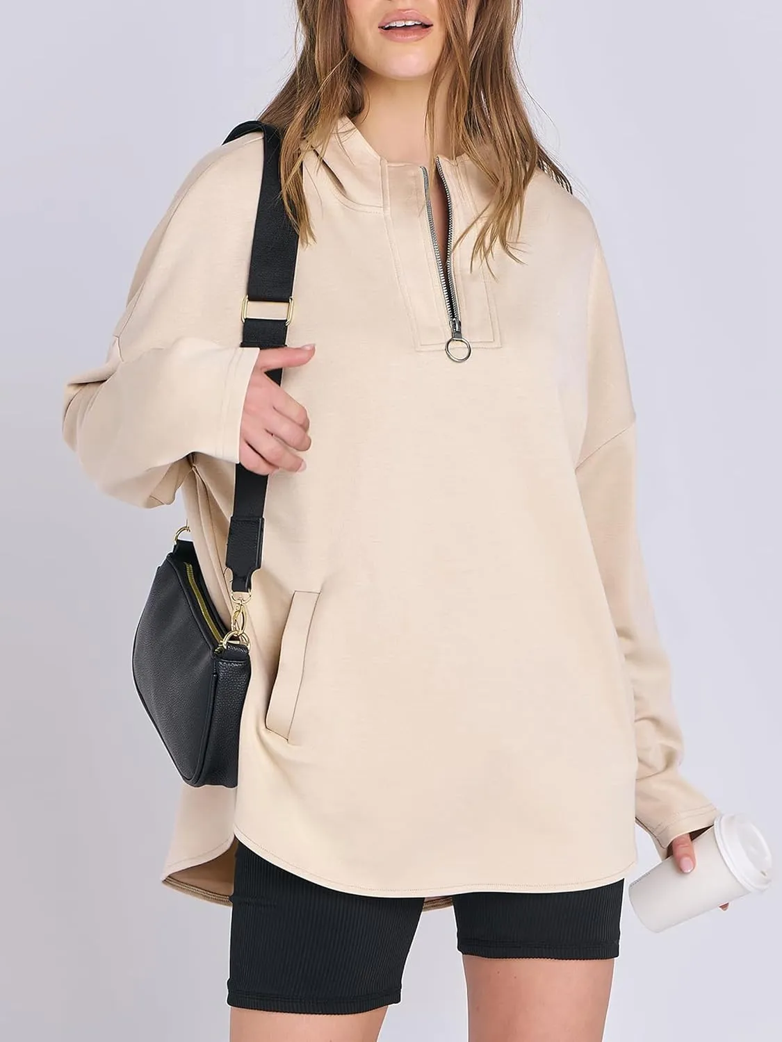 Womens Oversized Hoodie Quarter Zip Sweatshirts 2024 Fall Tunic Pullover Top Trendy Teen Girls Preppy Clothes