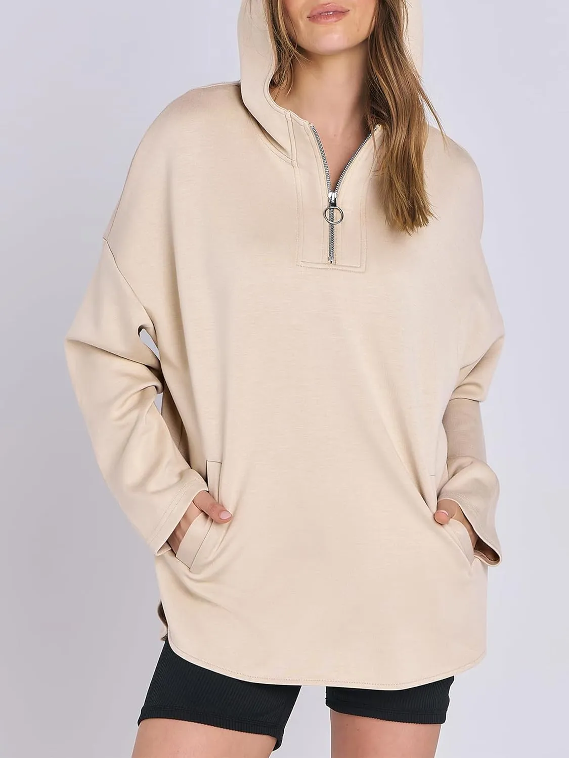 Womens Oversized Hoodie Quarter Zip Sweatshirts 2024 Fall Tunic Pullover Top Trendy Teen Girls Preppy Clothes