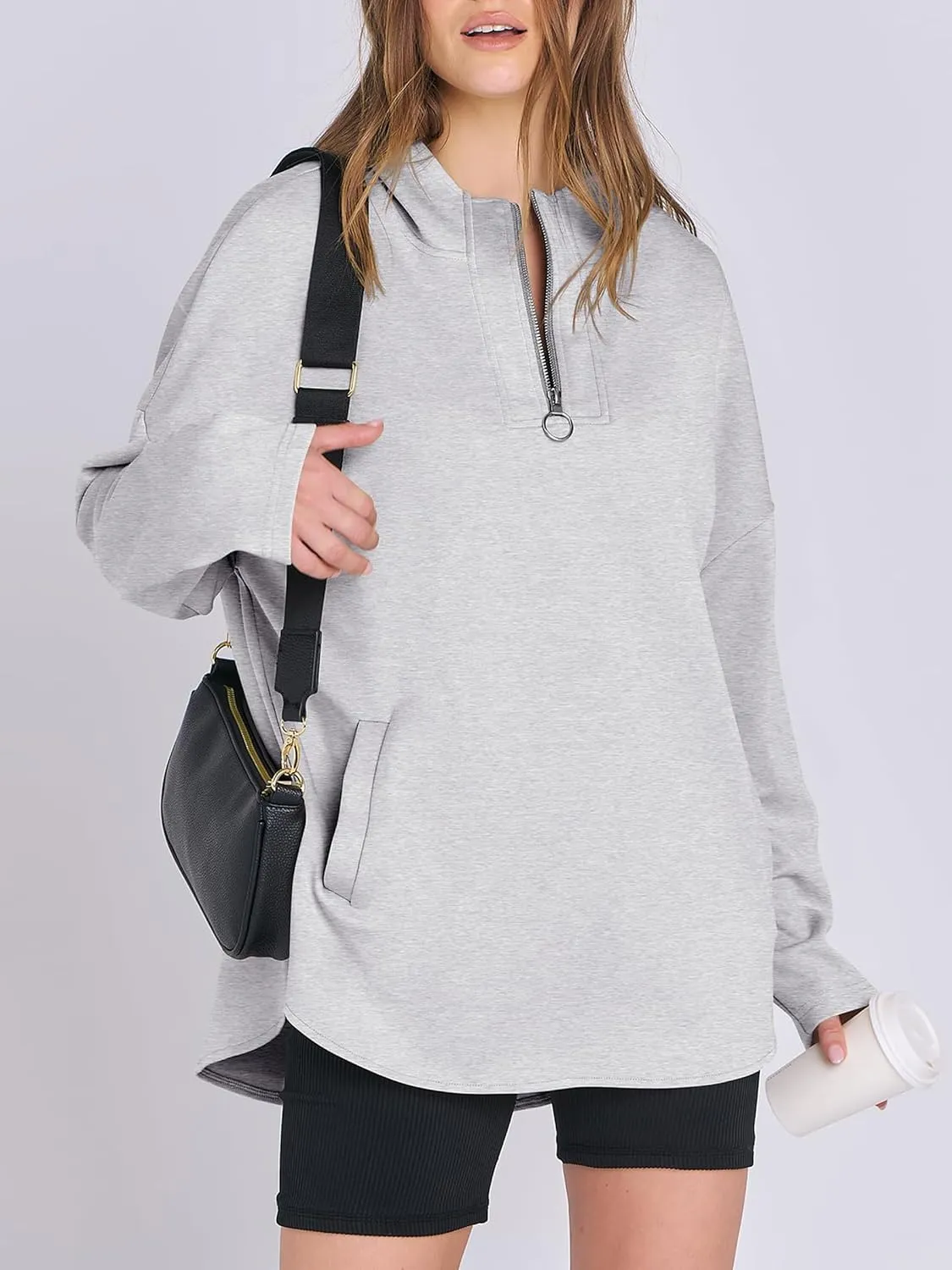 Womens Oversized Hoodie Quarter Zip Sweatshirts 2024 Fall Tunic Pullover Top Trendy Teen Girls Preppy Clothes