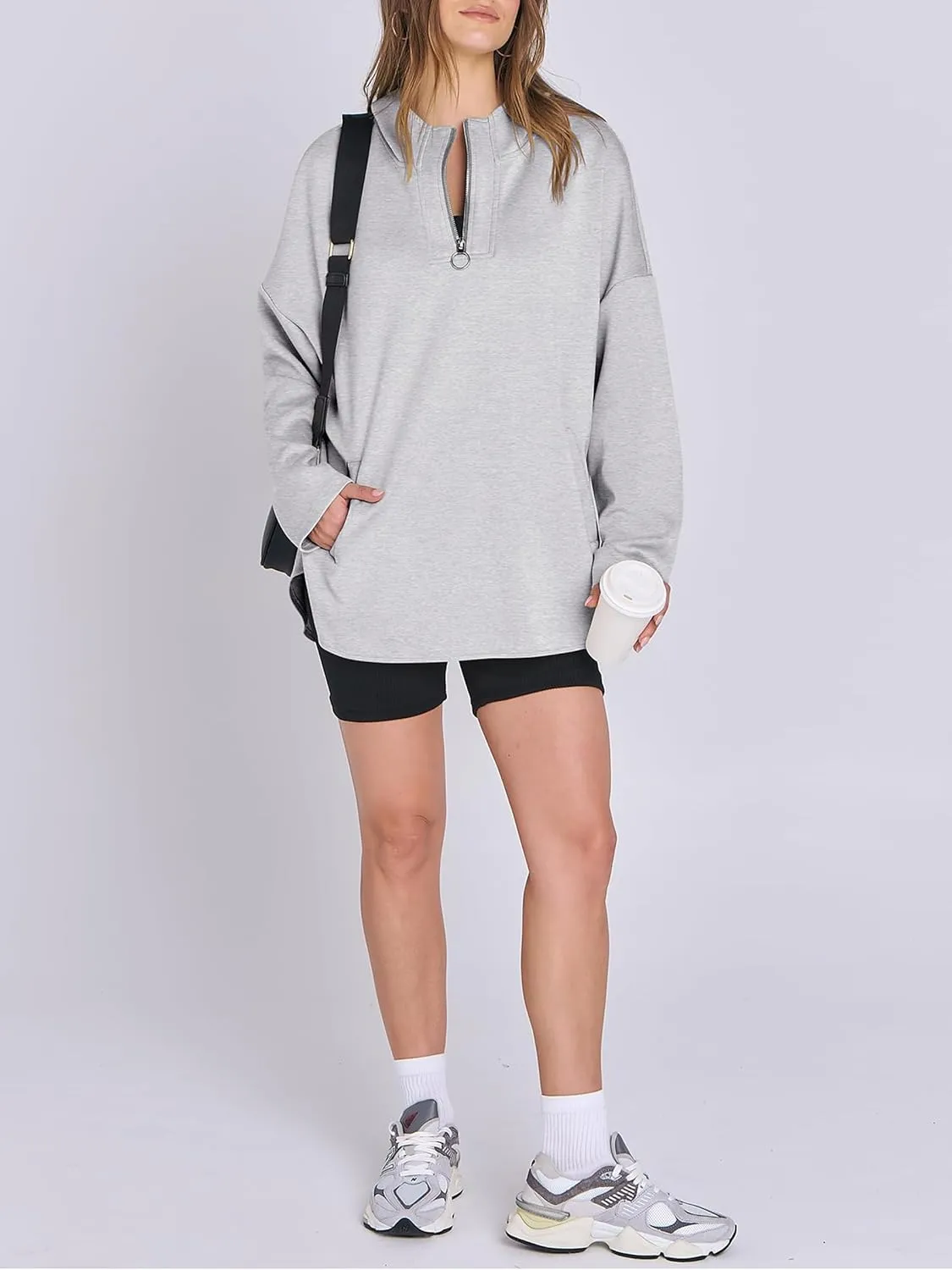Womens Oversized Hoodie Quarter Zip Sweatshirts 2024 Fall Tunic Pullover Top Trendy Teen Girls Preppy Clothes