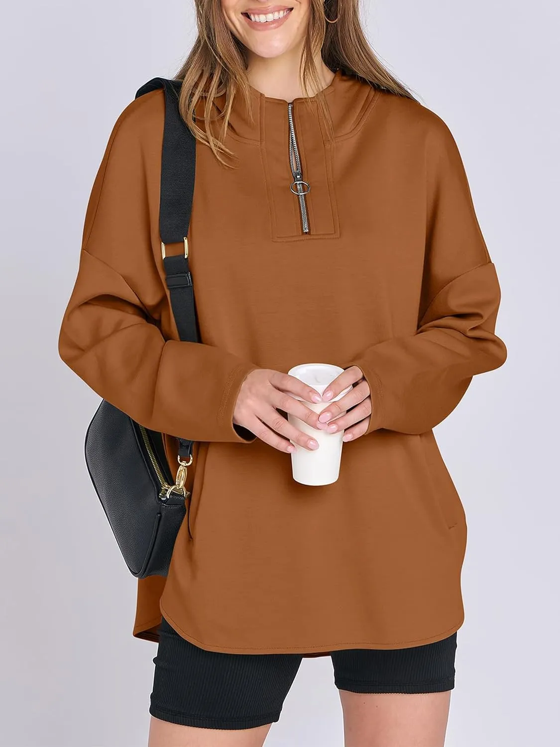 Womens Oversized Hoodie Quarter Zip Sweatshirts 2024 Fall Tunic Pullover Top Trendy Teen Girls Preppy Clothes