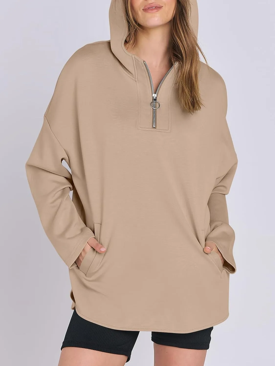 Womens Oversized Hoodie Quarter Zip Sweatshirts 2024 Fall Tunic Pullover Top Trendy Teen Girls Preppy Clothes