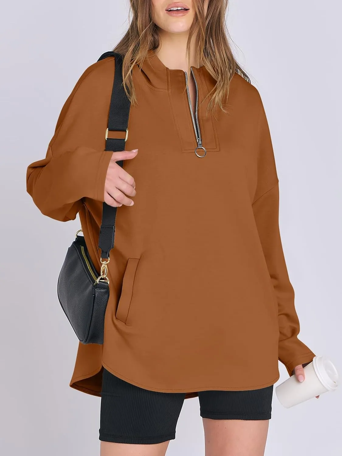Womens Oversized Hoodie Quarter Zip Sweatshirts 2024 Fall Tunic Pullover Top Trendy Teen Girls Preppy Clothes